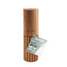 Acacia wood salt mill with ribbed design, upright, product tag attached