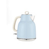Blue electric kettle with cream handle, shown upright on white background