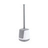 Grey and white toilet brush with holder, shown upright on plain background