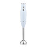 Light blue hand blender with stainless steel blending shaft shown upright