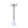 Stainless steel hand blender attachment with light blue plastic base, shown upright.