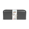 Black metal bread bin with rose gold handle, Salter Pebble range, shown in packaging.