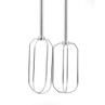 Pair of stainless steel hand mixer beaters shown upright on white background