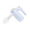 Light blue electric hand mixer with chrome accents, shown at an angle