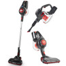 Cordless stick vacuum cleaner shown in three cleaning modes, black and red