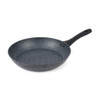 Grey non-stick frying pan with black handle, shown from side angle