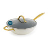 Cream wok pan with glass lid and gold handles
