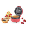 Red waffle bowl maker with finished bowls and fruit, product on white background