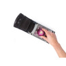 Hand using black vegetable chopper to dice a red onion