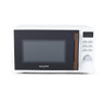 White and black microwave with wood-effect handle and front controls