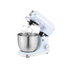 Light blue stand mixer with stainless steel bowl and beater attachment, angled side view