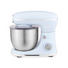 Blue stand mixer with large stainless steel mixing bowl, side view