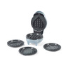 Blue waffle maker with open lid and three interchangeable plates