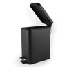 Black rectangular pedal bin with open lid, front view