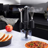 Black Salter hand blender set with whisk and chopper attachments on kitchen counter