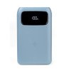 Light blue portable power bank with digital display showing 100 percent charge