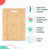 Bamboo chopping board with handle slot and icons showing key features