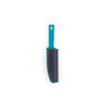 Pet grooming brush with teal handle and black bristles, single item shown overhead