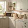 Beige microwave, toaster, kettle and breadbin on kitchen counter in light modern kitchen