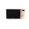 Cream Salter microwave with black door, wood effect handle, and controls, shown from front.
