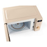 Stone-coloured microwave with open door, digital display and wood-effect control knob