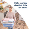 Banner: Woman carrying folded laundry basket beside indoor airer