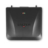 Black Salter sandwich maker closed, showing lid with indicator lights, top-down view