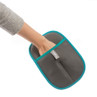 Grey mesh cleaning mitt with turquoise trim, shown on hand for size and fit.