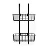 Black 2-tier over-door shower caddy with wire baskets, shown on white background