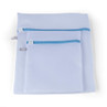 Set of two white mesh laundry bags with blue zips, flat on white background