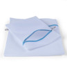 White mesh laundry bags with blue zips, shown open on a white background