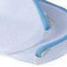 White mesh laundry bags with blue zips, close-up of fabric and zip detail