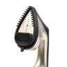 Handheld garment steamer in gold and blue with brush attachment, product close-up