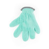 Green microfibre exfoliating glove with grey cuff, shown flat for product listing.