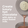 Hot chocolate maker pouring chocolate into a mug with text about dairy or plant-based milk