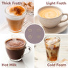 Graphic showing thick froth, light froth, hot milk and cold foam coffee drinks
