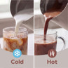 Graphic showing cold and hot drink preparation, with milk poured over iced coffee and hot chocolate
