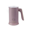 Pink electric milk frother with handle and clear lid, Salter branding on front.