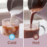 Split image showing iced and hot chocolate drinks being poured, labelled Cold and Hot