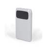 Grey portable power bank with black display panel, shown upright on white background