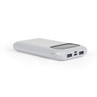 Grey portable power bank with dual USB ports, shown angled on a white background