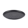 Black perforated pizza tray with white flecks, shown empty on a white background