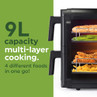 Air fryer oven showing 9L multi-layer cooking for four foods
