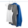 Three garments on hangers: white vest, grey t-shirt, blue shirt.