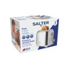 Salter Muse 2-slice toaster in chrome finish, boxed pack shot.