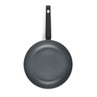 Black non-stick frying pan, top view, with long handle