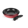Set of three red non-stick frying pans with detachable black handle