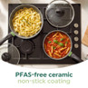 Two grey non-stick saucepans with pasta and tomato sauce on a hob, text promotes PFAS-free ceramic.