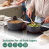 Grey non-stick saucepans on induction hob, one with glass lid, suitable for all hob types
