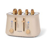 Stone-coloured Salter 4-slice toaster with wooden accents, shown toasting bread.